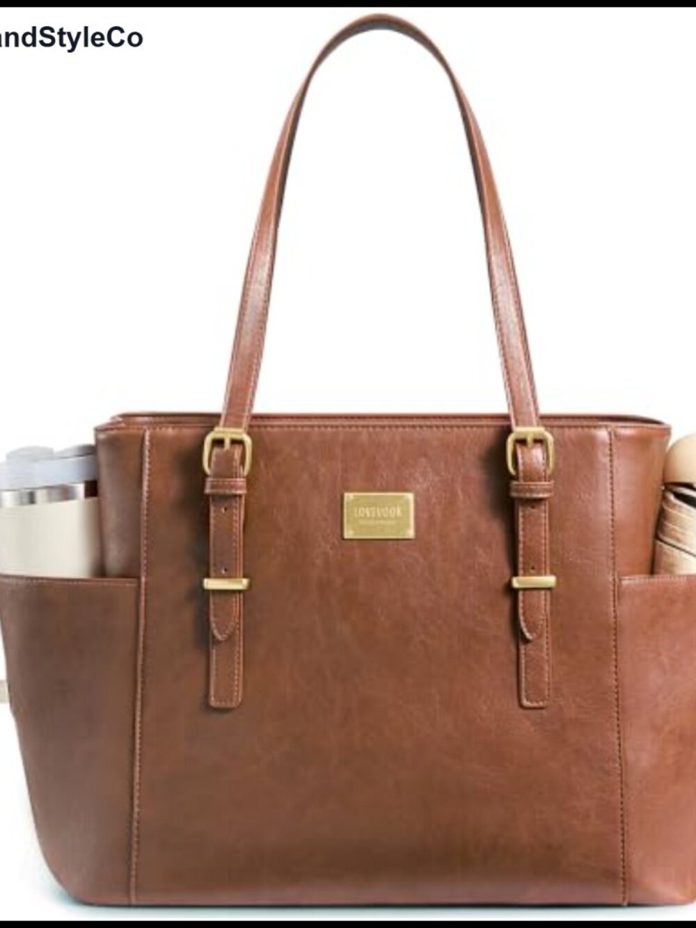 Vegan Leather Laptop Tote Bag Fits 15.6 Inch with Large Water Bottle Pocket